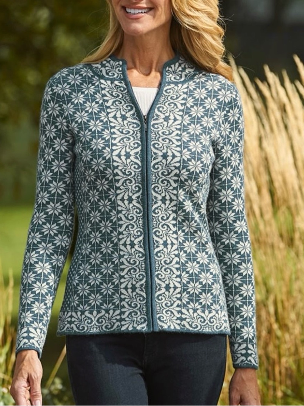 Classic Alpaca NWT 100% Baby Alpaca Full Zip Cardigan Blue Cream Patterned Sz S